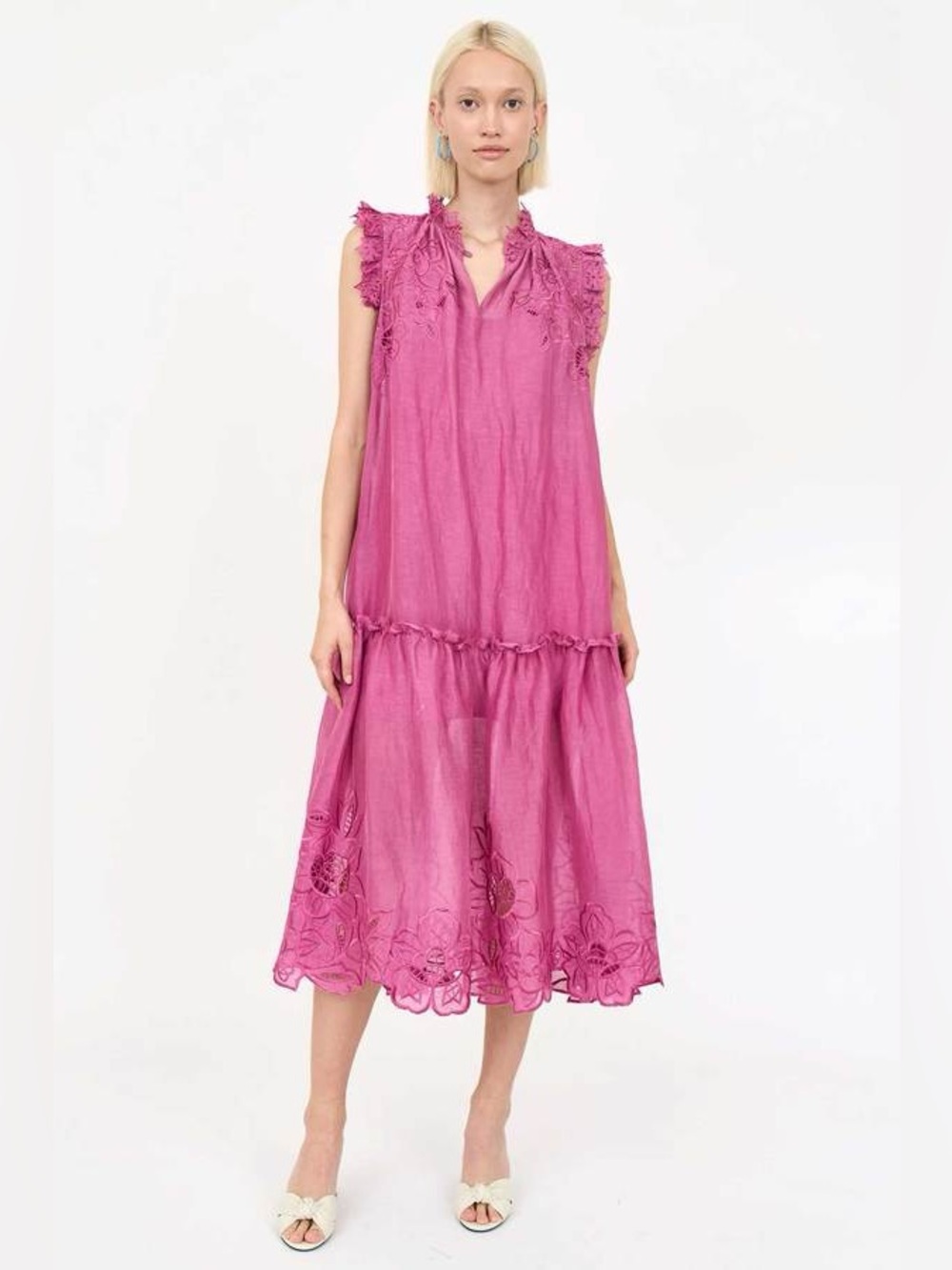 Christy Lynn Gemma Dress Fuchsia Pink Small Linen Silk Embroidered Floral Eyelet - Picture 15 of 16